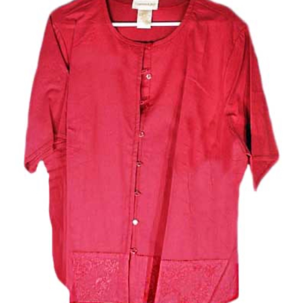 BLOUSE, 55% LINEN EYELET BLOUSE, SIZE 24W, DARK ROSE, ROUND COLLARLESS NECK,